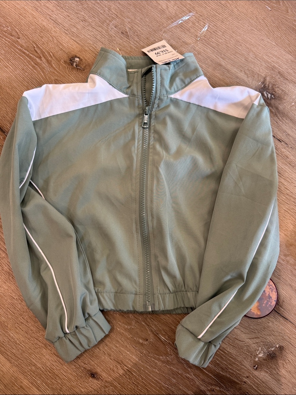 Light Olive Green Zip Front Track Jacket with White Accents